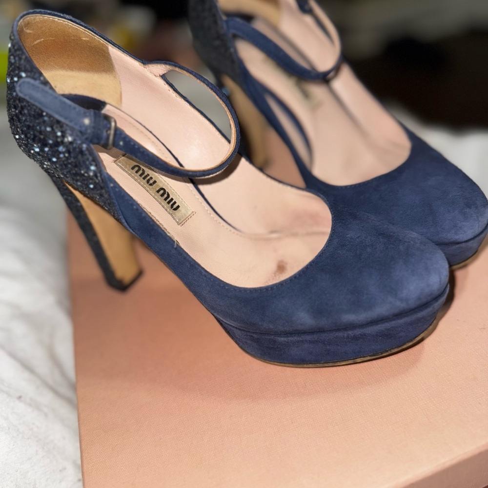 Miu Miu Dark Blue Suede Heels with Glitter Detail with box, dust bags, and COA